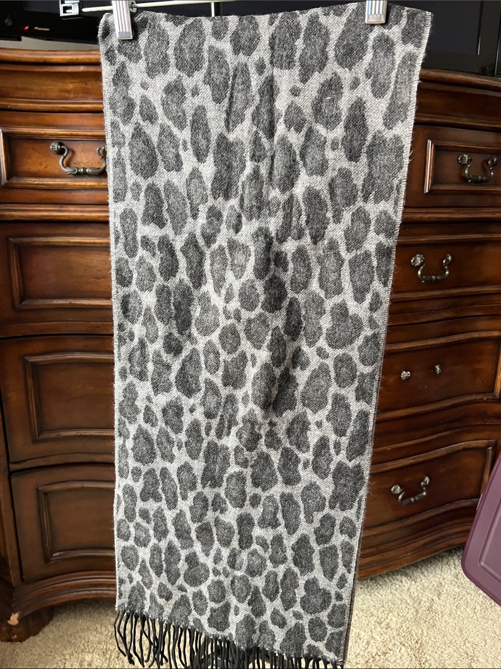 Gray Leopard Print Fringe Scarf